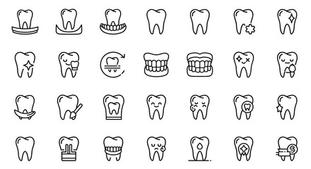 A comprehensive collection of clean, outline linear vector illustrations depicting various dental health concepts, including healthy teeth, dental care, and common dental issues, suitable for graphic