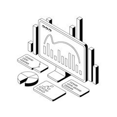 Isometric illustration of a computer screen displaying financial charts and graphs