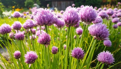 Close Up of Blooming Chives in Garden.