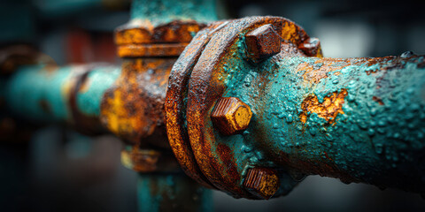 Closeup of a rusty metal pipe with bolts and flanged connection, showing signs of corrosion and wear from industrial use