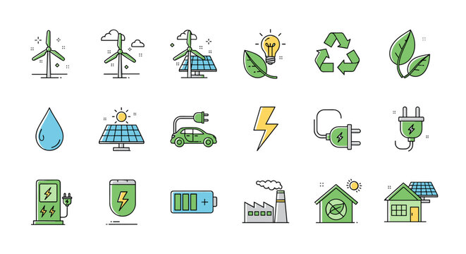 A vibrant collection of line icons representing green energy concepts, meticulously drawn with thin lines, perfect for integration into apps, websites, banners, infographics, and diverse design