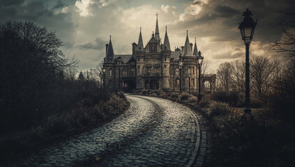 Obraz premium Dramatic view of a gothic castle with a cobblestone road leading to the entrance