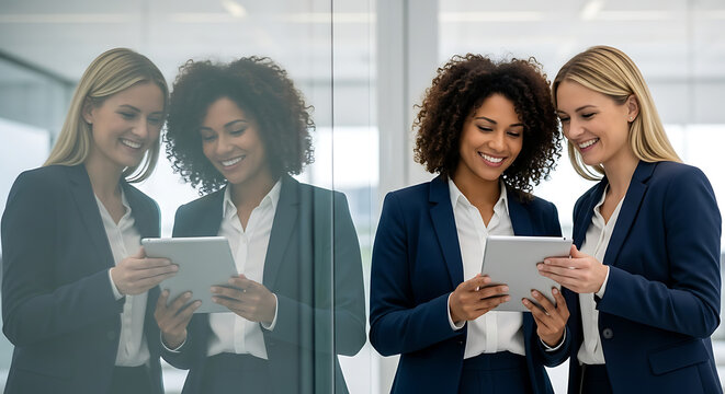 Two businesswomen collaborating on a tablet device in a modern office environment showcasing teamwork and technology for corporate success and innovation