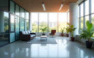 Abstract office interior background. Blurry office space. Modern workspace design. Glass walls, blurred furniture, plants. Natural light, commercial building, business concept, indoor. High quality