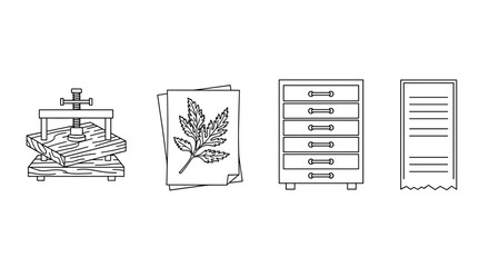 Outline icon set of botanical specimen preservation, featuring a plant press, dried herb sheet, herbarium cabinet, and label, representing ordered line icons for scientific and educational purposes