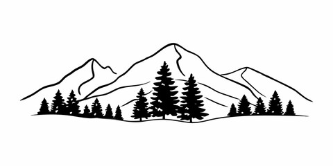 Silhouette of mountain range with pine trees in foreground in black and white drawing style
