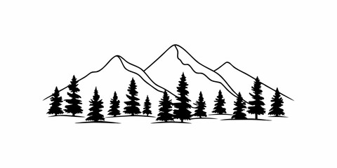 Black and white mountain range landscape with pine trees in a minimalist vector style illustration