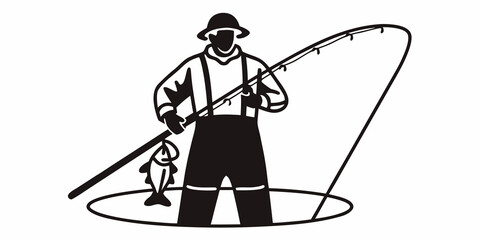 Illustration of a fisherman with a hat standing in a hole holding a fishing rod and a fish he caught
