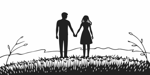 Silhouette of a couple holding hands standing in a field with mountains in the background scenery art