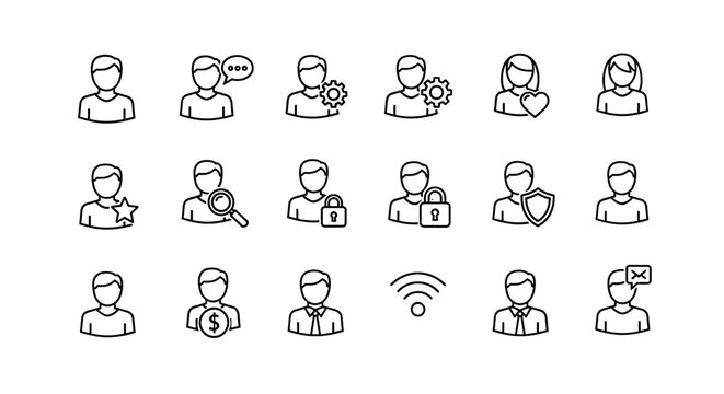 Modern outline style user avatar icons for design, cards, apps, and social networks. This ordered set features a variety of icons representing different user profiles and actions, including