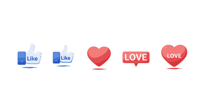 Collection of five 3D social media icons including two 'Like' thumbs-up symbols and three 'Love' hearts, presented in a clean, ordered line against a stark white background, perfect for digital