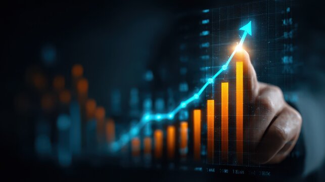 Index finger pointing to a stock market graph with an upward trend, indicating business growth and financial success