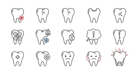 Collection of minimalistic thin line icons representing various tooth conditions and dental care, including pain, cracks, decay, sensitivity to hot and cold, bandaging, and sad expressions, suitable