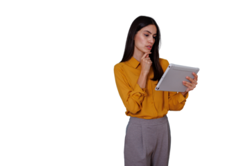 Professional woman thinking, contemplating business strategy using a digital tablet, transparent background
