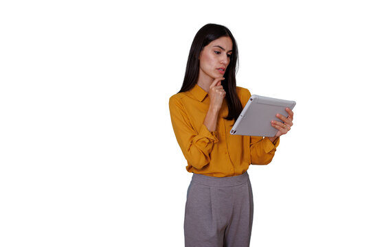 Professional woman thinking, contemplating business strategy using a digital tablet, transparent background