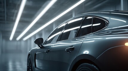 Sleek and modern car parked in a brightly lit garage, showcasing its elegant design and smooth lines with a luxurious feel