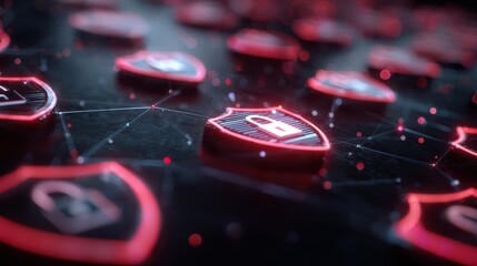 A network of red glowing security shields with lock icons protecting data in cyberspace with a shallow depth of field
