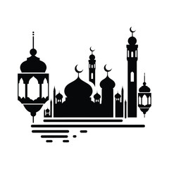 ramadan lantern and mosque skyline vector silhouette clip art logo design illustration. abstract lantern and mosque icon set collection
