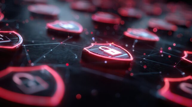 A network of red glowing security shields with lock icons protecting data in cyberspace with a shallow depth of field