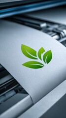 A green leaf logo is printed on a white sheet of paper in a printer, symbolizing sustainability and environmental awareness