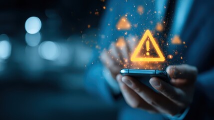 A man in a suit holds a smartphone with a glowing blue exclamation mark, indicating a warning or error message on the screen