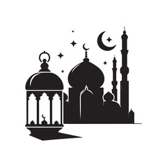 ramadan lantern and mosque skyline vector silhouette clip art logo design illustration. abstract lantern and mosque icon set collection