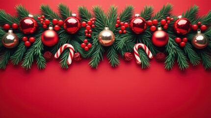 Christmas decoration with ornaments and candy canes on red