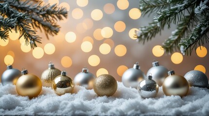 Ornaments on snow with christmas lights in background
