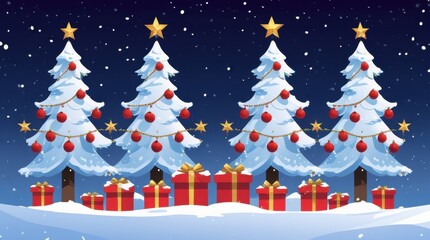 Decorated christmas trees with gifts in snowy landscape