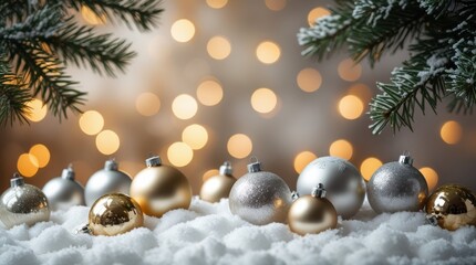 Ornaments on snow with christmas tree branch and lights