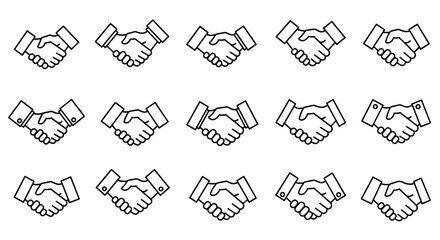 Seamless pattern of handshake icons in a clean, minimalist line art style, perfect for business, finance, and partnership themes. This editable stroke vector graphic collection is ideal for