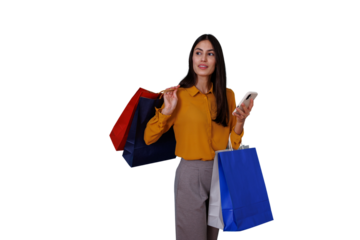 Woman holding phone and shopping bags, enjoying retail therapy experience and consumerism, transparent background