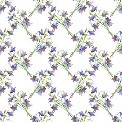 Watercolor seamless pattern with bells, hand-drawn. Botanical illustration with wildflowers on a white background. Seamless background for wallpaper, packaging, textiles.