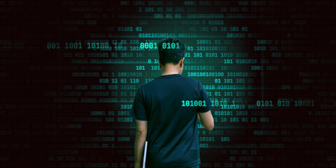 A human use phone, hold laptop and show Safety, ethics, cyber security, generative, technology, big data concept