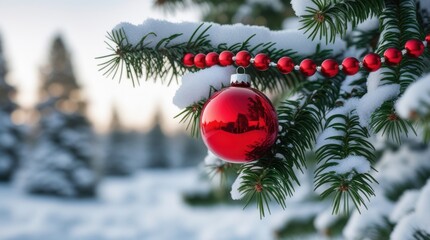 Red ornament and beads on snowy christmas tree branch