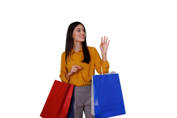Happy woman holding shopping bags and waving, celebrating retail and consumerism success with sale purchases on transparent background
