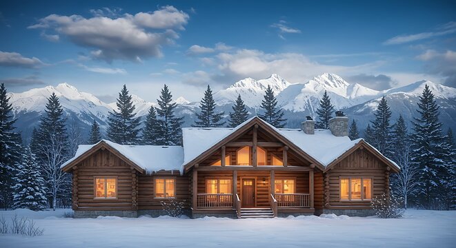 Cozy wooden cabin nestled in a snowy landscape with majestic mountain backdrop and warm lights