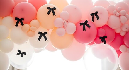 A delightful display of pastel balloons adorned with charming black bows creates a festive and elegant atmosphere for any celebration