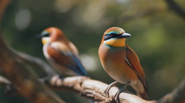 Vibrant European Bee Eater Birds Perched on Branch Serene Nature Wildlife Close Up Macro Detail Merops apiaster