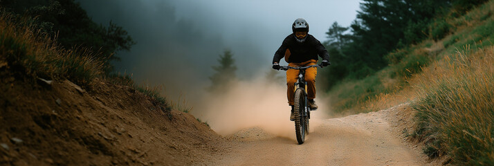 A fearless mountain biker navigates a dusty trail surrounded by nature, showcasing the thrill of adventure sports amidst a backdrop of lush greenery and vibrant landscapes.