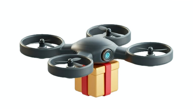 Isometric 3D icon, small delivery drone carrying a tiny gift box with a bright red Christmas ribbon