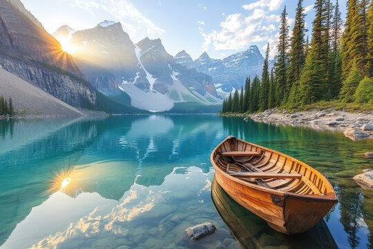 A serene mountain lake at sunrise, showcasing a tranquil wooden rowboat reflected perfectly in the glassy water.