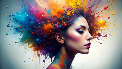 A womans profile with vibrant colors exploding from her head in a creative style