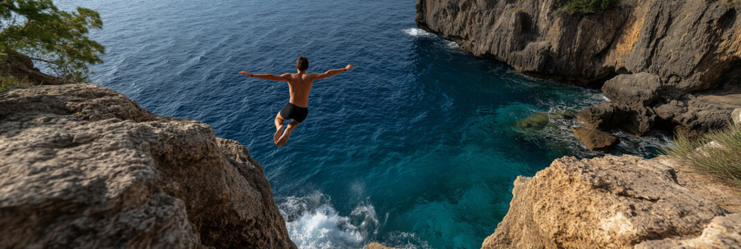 A daring individual leaps off a rocky cliff into crystal blue waters, capturing the thrill of adventure and the joy of summer exploration near a breathtaking coastline. - Powered by Adobe