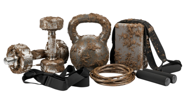 Rugged fitness equipment including muddy dumbbells, kettlebell, jump rope, and resistance bands on a clean background.