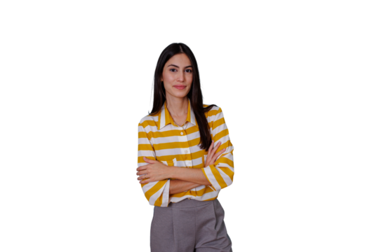 Confident young woman with arms crossed, smiling, posing in yellow and white striped shirt, transparent background