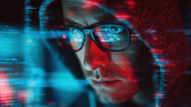 Male Hacker Wearing Glasses in Dark Hooded Environment Surrounded by Digital Data Streams