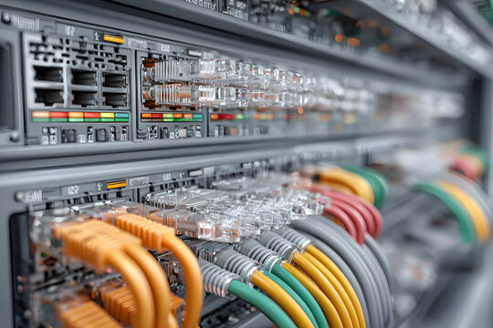 Fiber Optic cables connected to an optic ports and Network cables connected to ethernet ports.