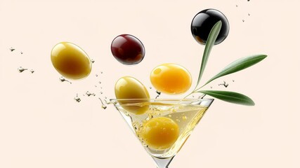 Vibrant assortment of olives splashing into a martini glass, showcasing dynamic movement and fluidity, with camera zooming in to capture the action and textures of the scene - Powered by Adobe