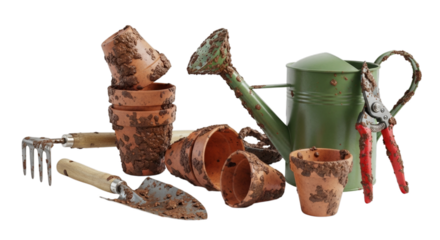 Dirty gardening tools and terracotta pots covered in mud, ready for spring planting and garden work activity.